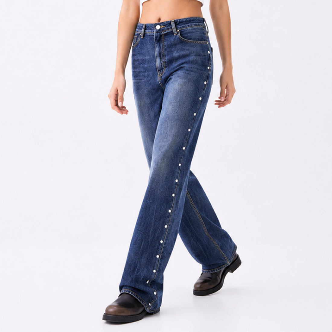Women's High Waist Side Studded Wide Leg Jeans