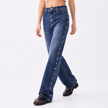 Women's High Waist Side Studded Wide Leg Jeans