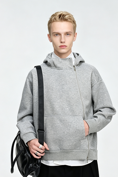 Men's Fall Winter Waffle-Knit Diagonal-Zip Loose Hoodie