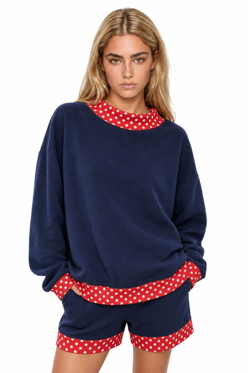 Women Fall Polka Dot Mock Neck Sweatshirt Shorts Set