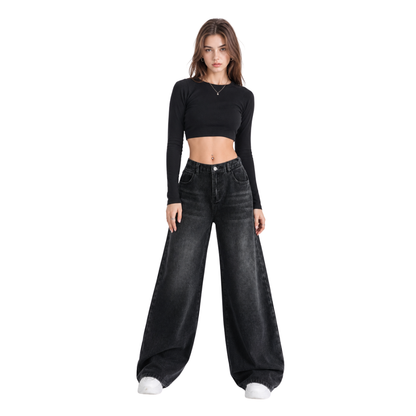 Women's high-rise wide-leg jeans with a half-elastic waist
