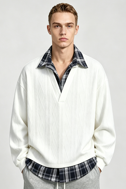 Men's Fall Winter Plaid-Collar Layered Jacquard Sweatshirt