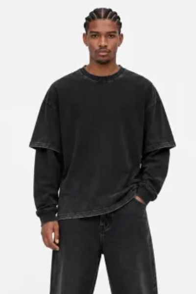 Men Fall Clothing Vintage Washed Layered Long Sleeve Tee