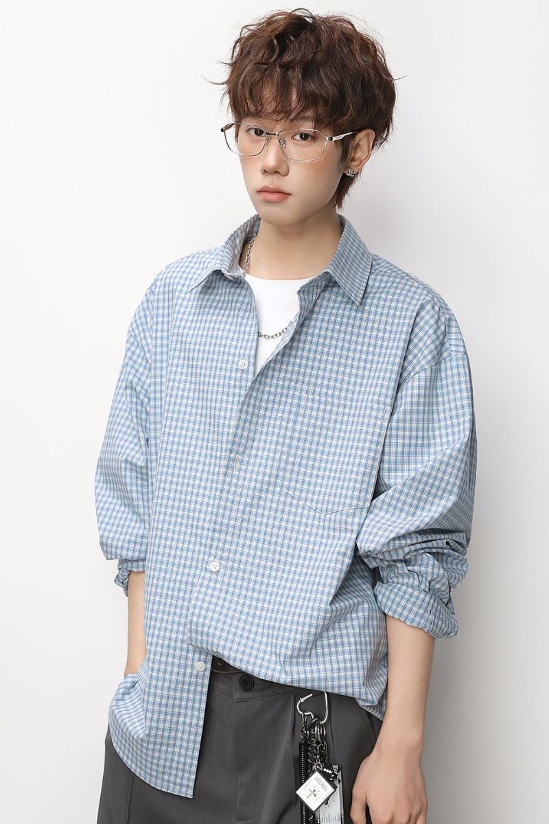 Men's Spring Contrast Plaid Long Sleeve Loose Miu Shirt