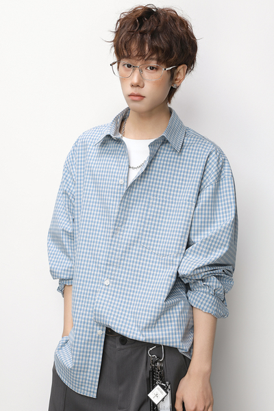 Men's Spring Contrast Plaid Long Sleeve Loose Miu Shirt