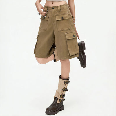 Women's Summer Khaki Multi-Pocket Cargo Denim Shorts