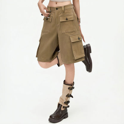 Women's Summer Khaki Multi-Pocket Cargo Denim Shorts
