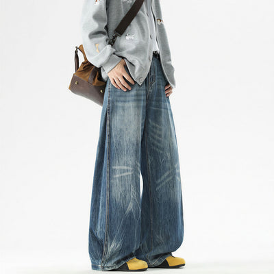 Men's Spring Vintage Whisker Baggy Wide Leg Denim Jeans