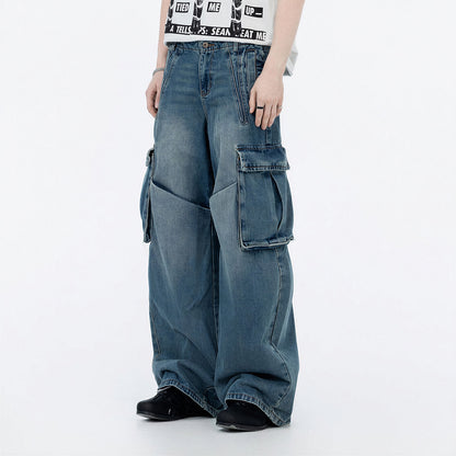Men's Spring Vintage Blue Multi-Pocket Cargo Denim Jeans