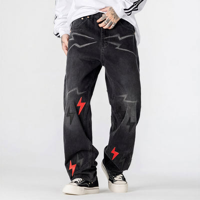 Men's Spring Washed Black Lightning Embroidery Jeans