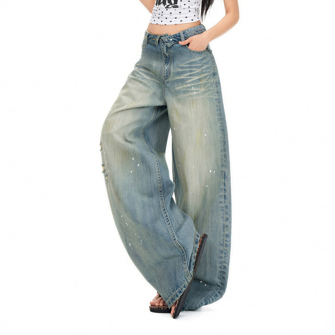 Women's Spring Distressed Splatter Wide-Leg Denim Jeans