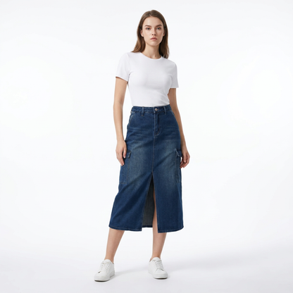 Women's High Waist Front Slit Denim Midi Skirt