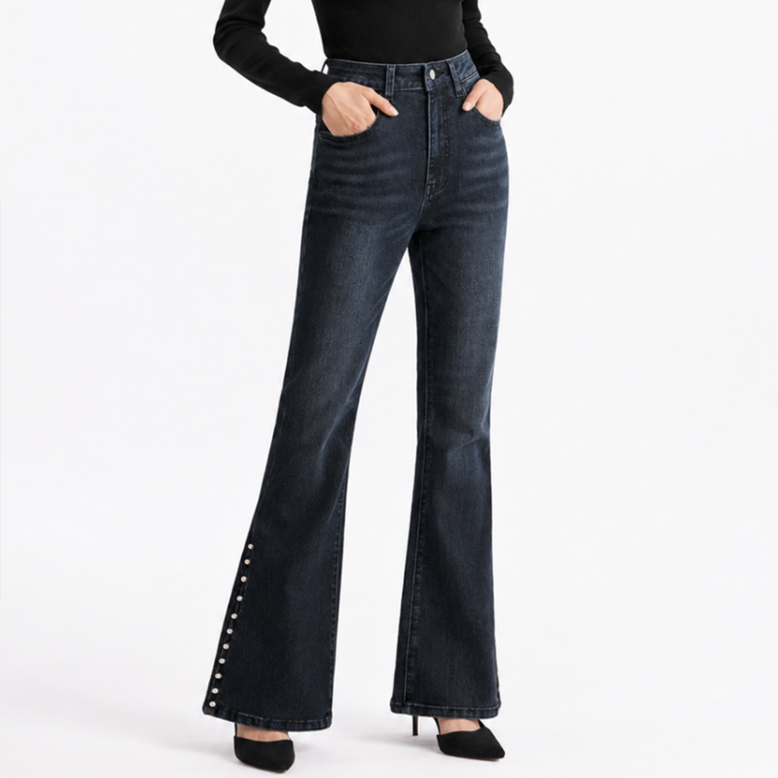 Women's High Waist Flare Jeans with Side Pearl Details