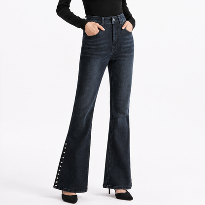Women's High Waist Flare Jeans with Side Pearl Details