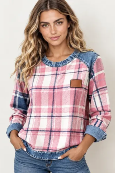 Women Fall Clothing Denim Plaid Patchwork Sweatshirt