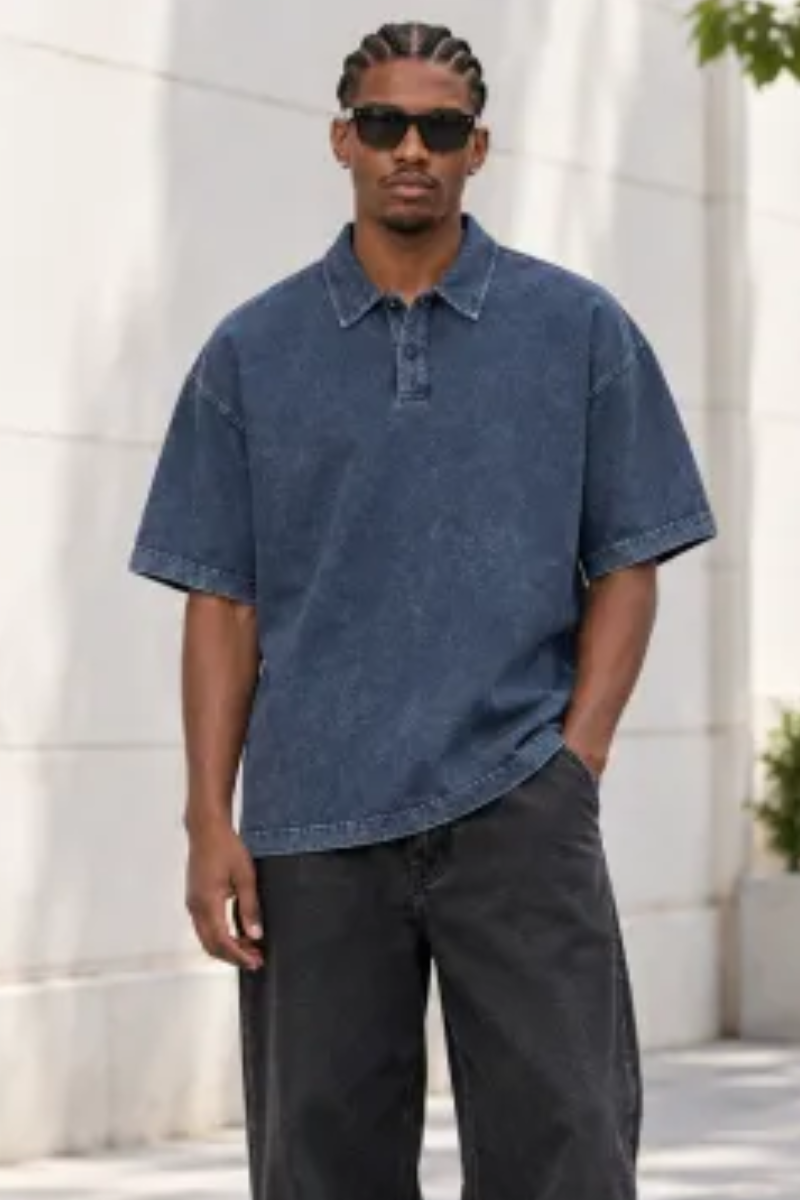 Men Summer 320G Snow Washed Cotton Short Sleeve Polo Shirt