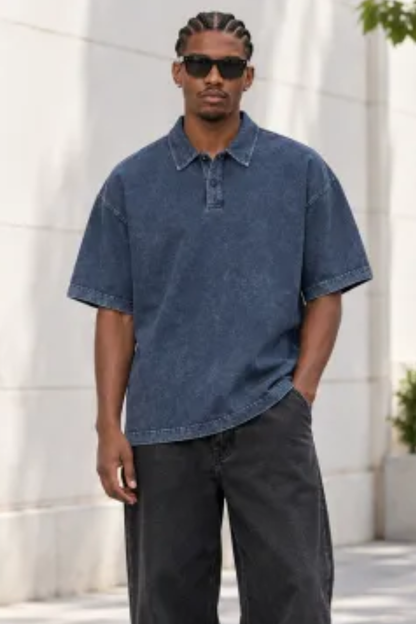 Men Summer 320G Snow Washed Cotton Short Sleeve Polo Shirt