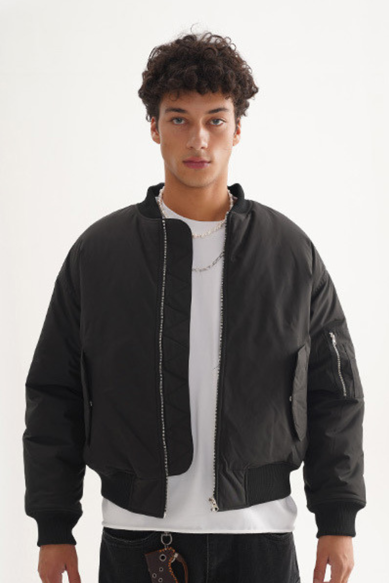 Men's Cropped Minimalist Solid-Color Bomber Jacket