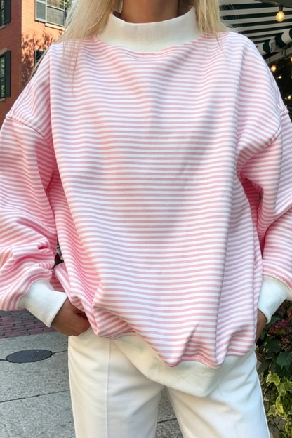 Women Spring Striped Mock Neck Oversized Cotton Sweatshirt
