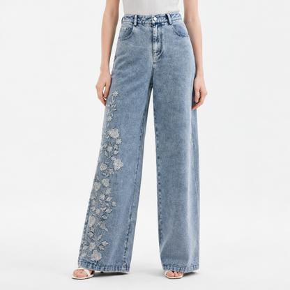 Women's High Waist Floral Embroidered Wide Leg Jeans