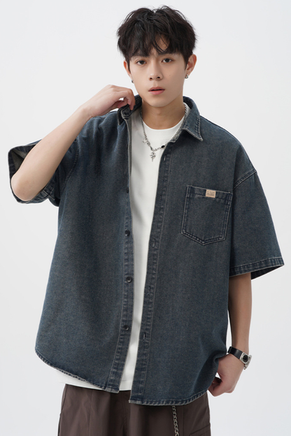 Men's Spring Summer Washed Denim Short Sleeve Japanese Loose