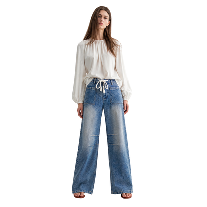 Women's High Waist Drawstring Wide Leg Jeans