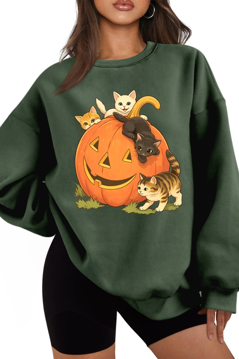 Women Fall Halloween Cat Pumpkin Oversized Sweatshirt