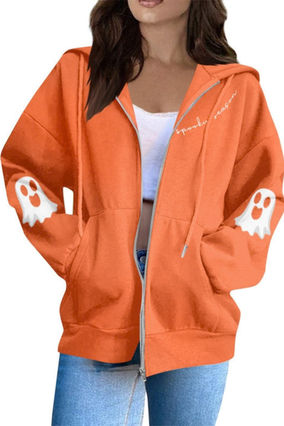 Women Fall Clothing Halloween Ghost Graphic Zip Up Hoodie