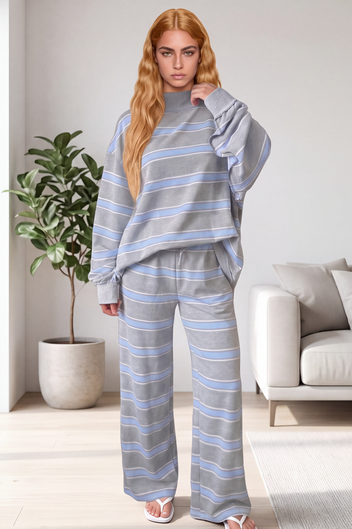 Women All Season Striped Mock Neck Wide Leg Lounge Set