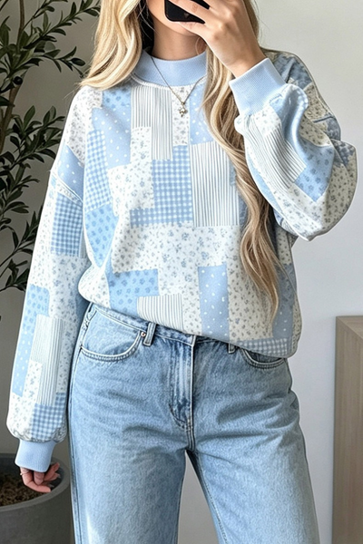 Women Spring Patchwork Print Cropped Mock Neck Sweatshirt