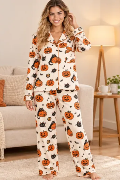 Women Fall Clothing Halloween Pumpkin Cat Pajama Set