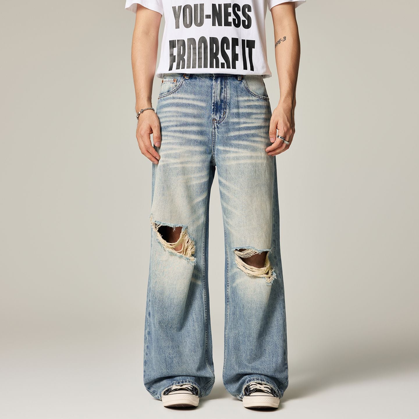 Men's Spring Light Blue Cat Whisker Ripped Denim Jeans