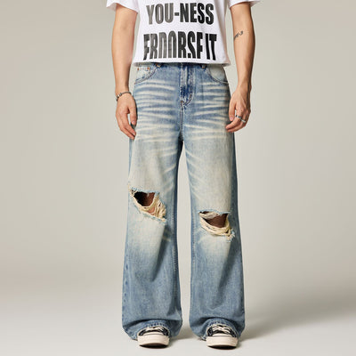 Men's Spring Light Blue Cat Whisker Ripped Denim Jeans