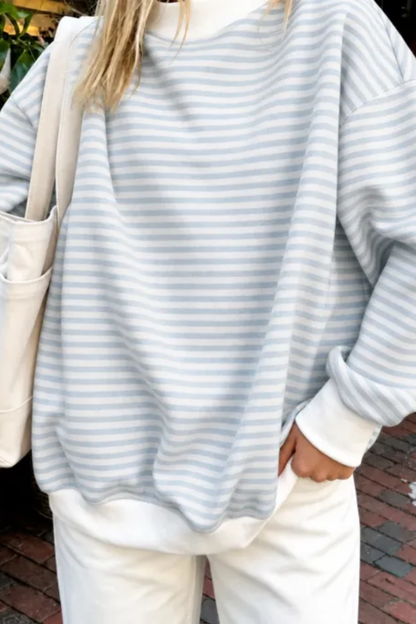 Women Spring Striped Mock Neck Oversized Cotton Sweatshirt
