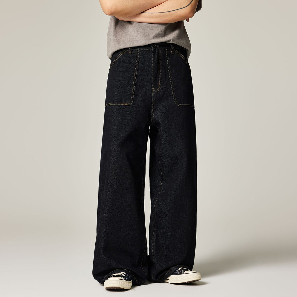 Men's Spring Contrast Stitch Wide-Leg Denim Jeans