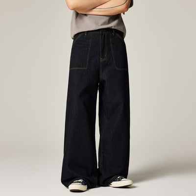 Men's Spring Contrast Stitch Wide-Leg Denim Jeans