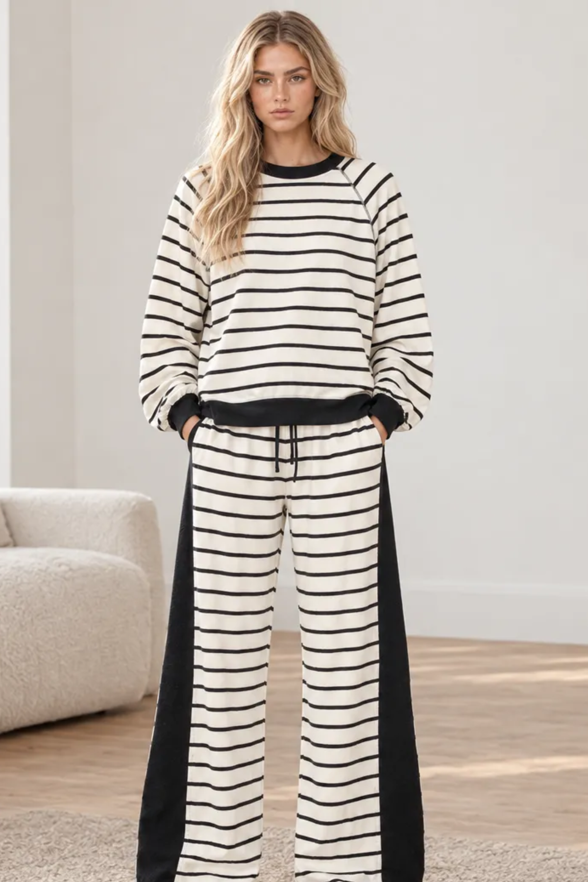 Women's Fall Striped Colorblock Drawstring 2 Piece Set