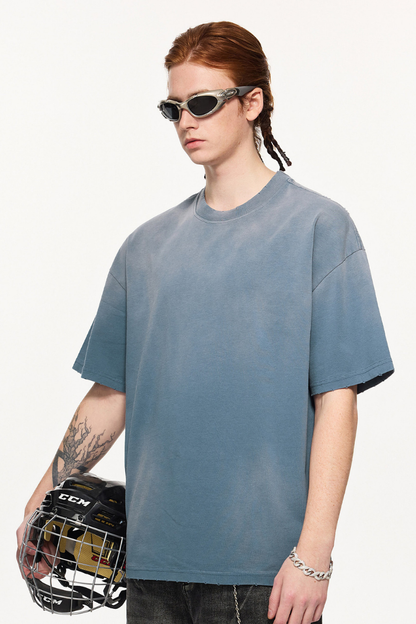 Men's 270g Cotton Spray Fade Mock Neck Washed Distressed Tee