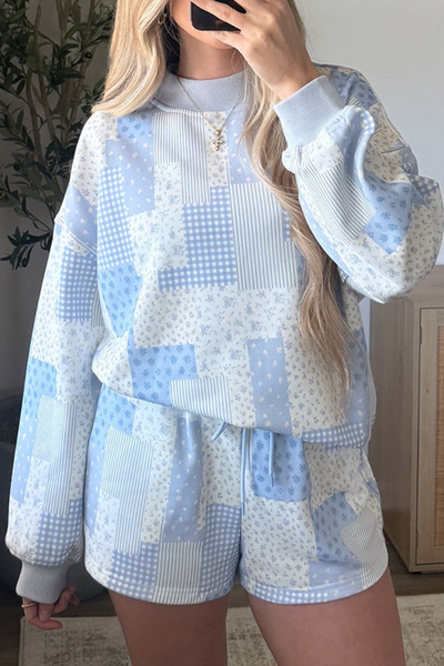 Women Spring Patchwork Print Drawstring Shorts Outfit Set