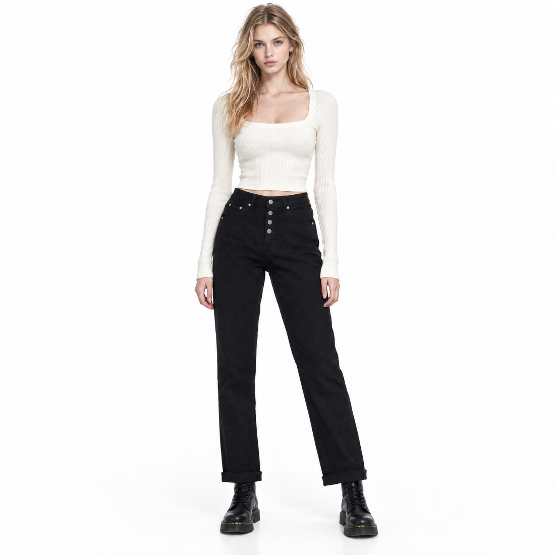 Women's Black Button Fly High Waist Straight Leg Jeans