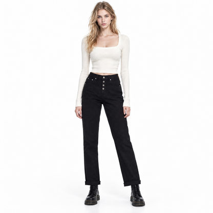 Women's Black Button Fly High Waist Straight Leg Jeans