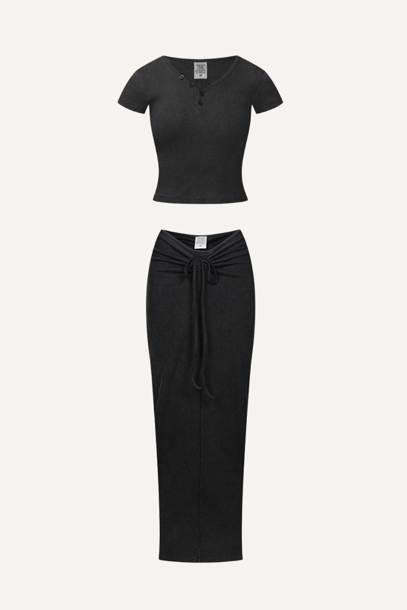 Women's Summer Retro Sexy Slim V-Neck Ski Tee & Skirt Set