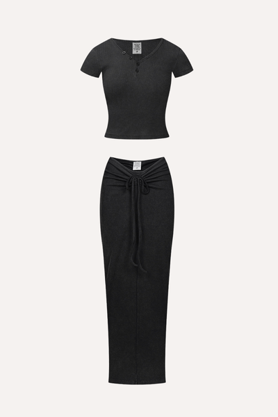 Women's Summer Retro Sexy Slim V-Neck Ski Tee & Skirt Set