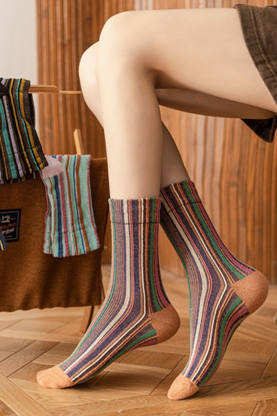 Women Fall Vintage Colorful Striped Stretch Mid Calf Socks