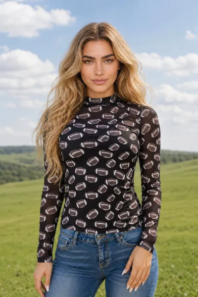 Women Spring Football Print Sheer Mesh Mock Neck Top