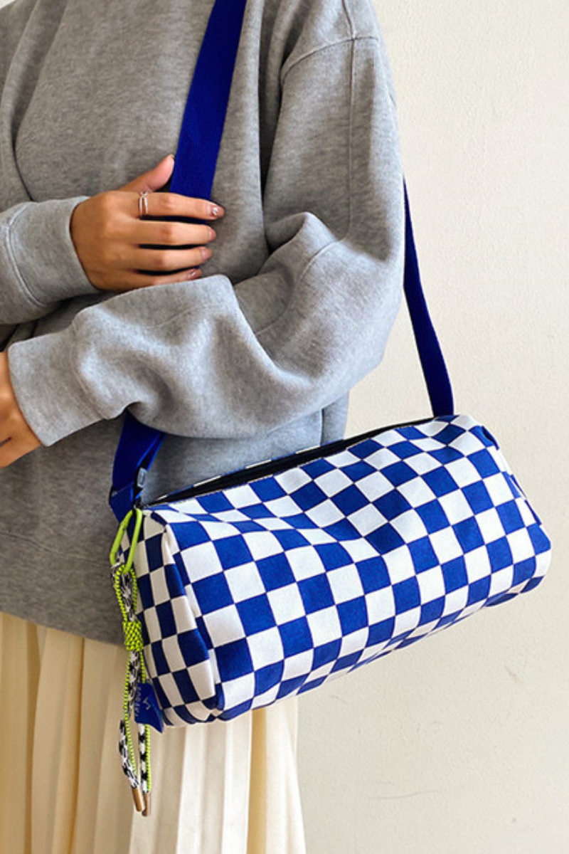 Women Fall Checkered Canvas Cylinder Crossbody Bag