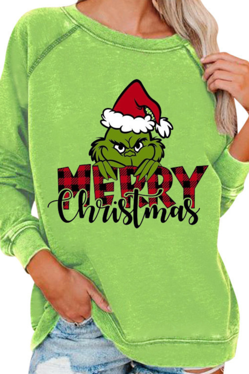 Women's Christmas Grinch Crew Neck Horn Sleeve Sweatshirt