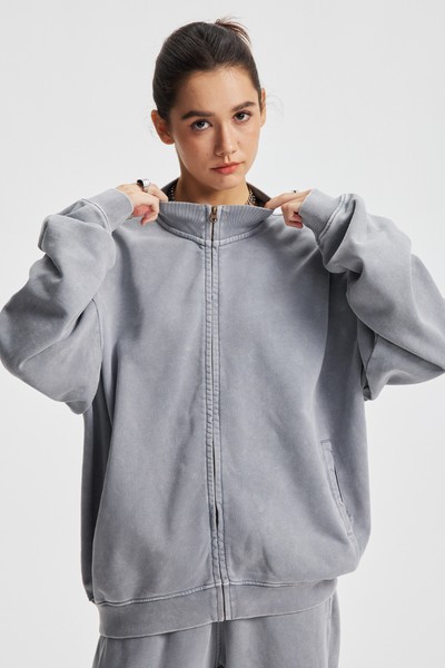 Women's Cotton Streetwear Wax-Dyed Washed Stand Collar Distressed Jacket