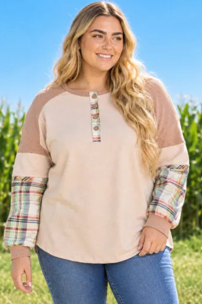 Women Fall Clothing Plus Size Plaid Sleeve Henley Top