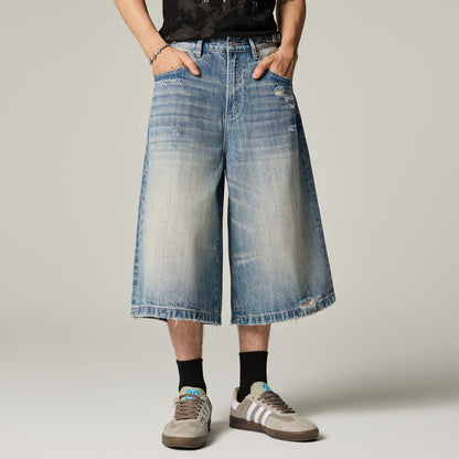 Men's Summer Vintage Washed Distressed Wide-Leg Denim Shorts